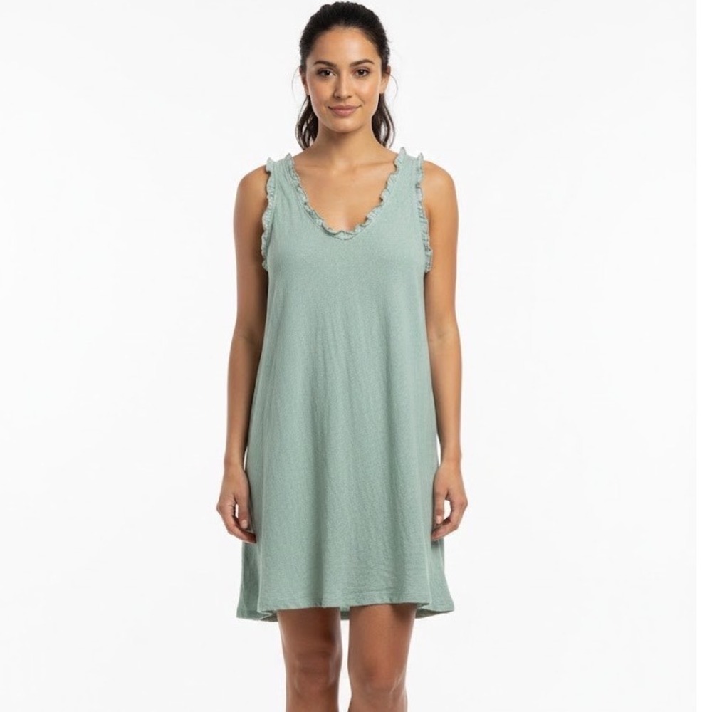 Meo Meli Italy Linen Ruffled V Neck Mini Dress Sage‎ Green TG U
